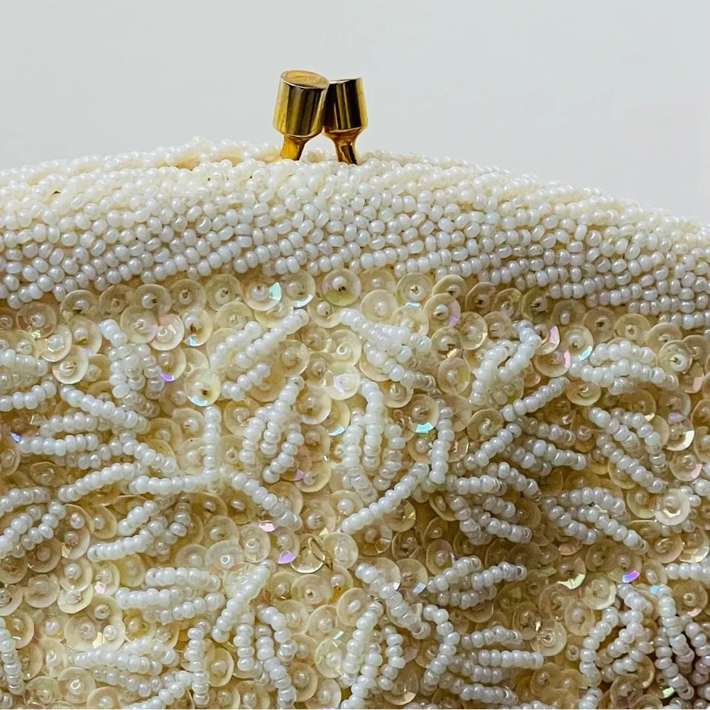 Vintage 60s White Beaded Clutch with Gold Tone Clasp